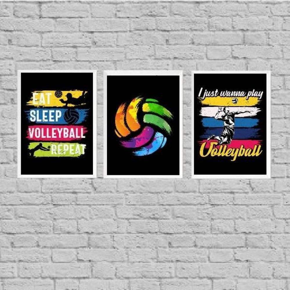 Kit 3 Quadros Volleyball Retrô 45X34Cm Branca