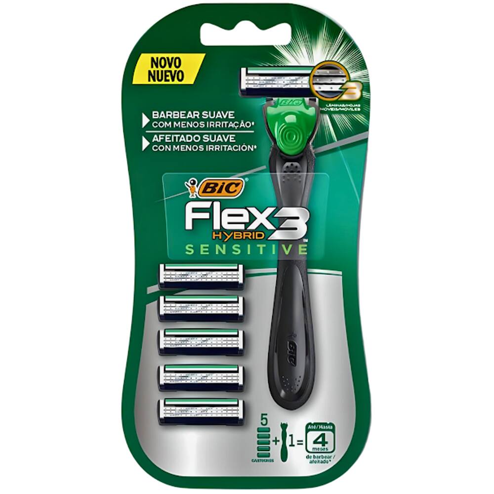 Aparelho De Barbear Flex 3 Hybrid Sensitive + 5 Cargas Bic