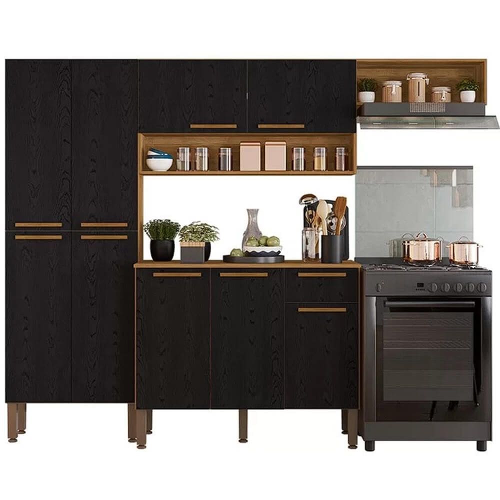 Cozinha Madri Completa 4 Peças 9 Portas 1 Gaveta Salleto Cor Cinamomo Preto