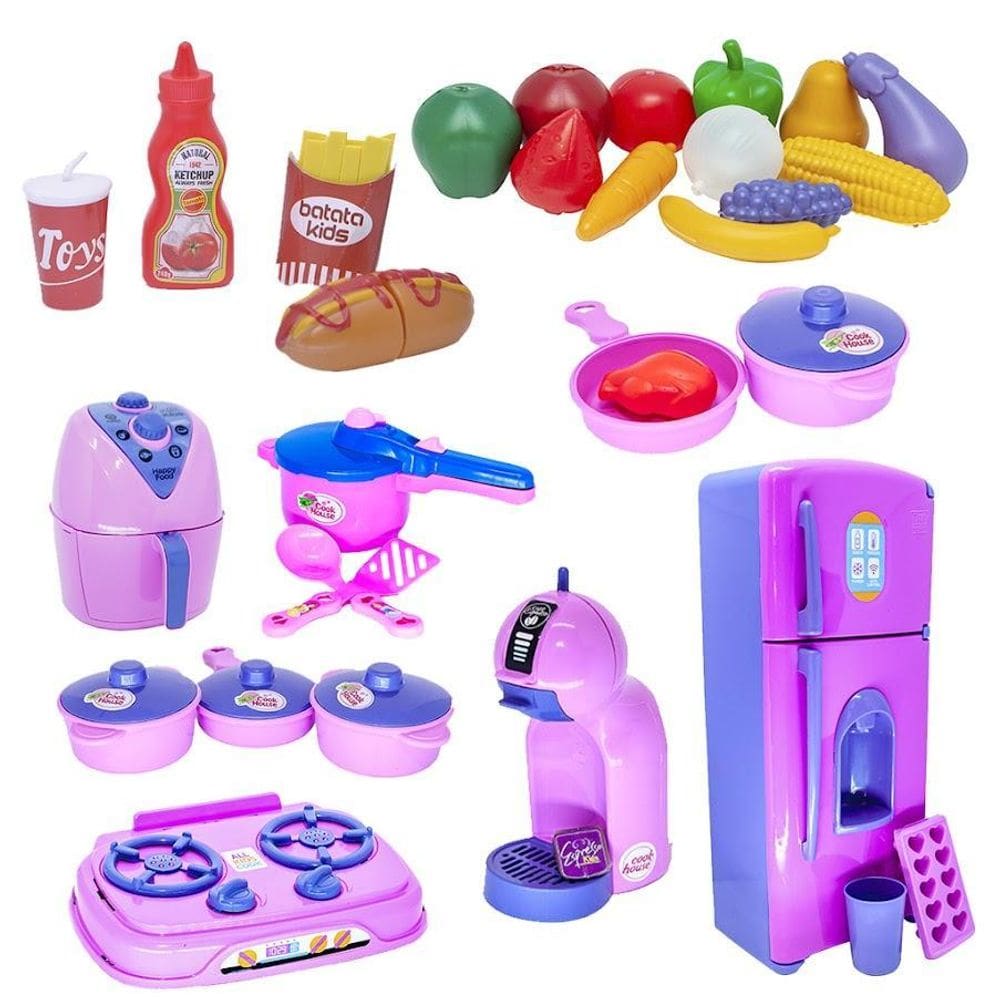 Kit cozinha infantil menina fruta mercadinho air fryer 32pç