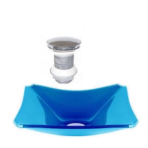 Cuba de vidro retangular chanfrada 37cm azul claro + válvula