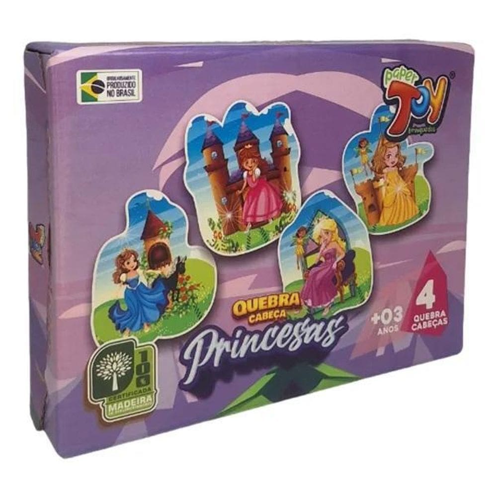 Brinquedo Quebra Cabeça 4 Em 1 Em Mdf 8 Peças Princesas +3