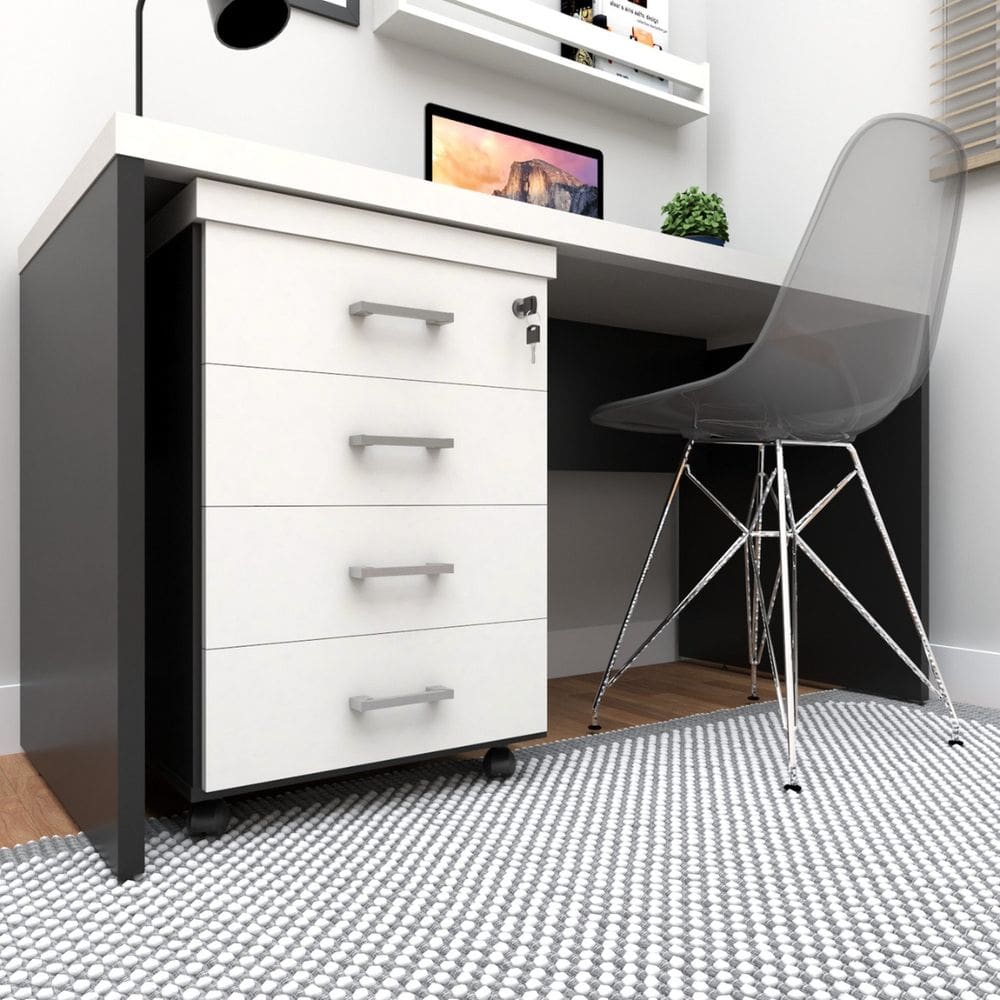 Gaveteiro Volante com 4 Gavetas para Escritório ou Home Office Preto/Branco