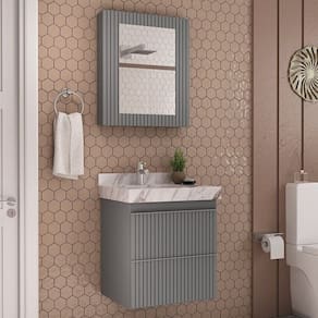 Conjunto Para Banheiro Lavatório Em Porcelanato Com Cuba Esculpida, Gabinete e Espelheira Ripy 60cm Cinza