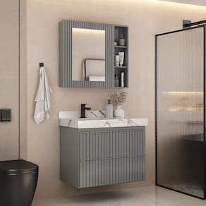 Conjunto Para Banheiro Lavatório Em Porcelanato Com Cuba Esculpida, Gabinete e Espelheira Ripy 80cm Cinza