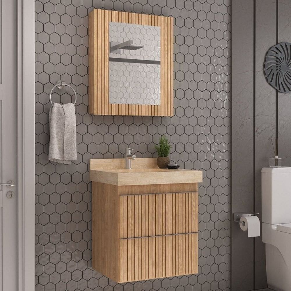 Conjunto Para Banheiro Lavatório Em Porcelanato Com Cuba Esculpida, Gabinete e Espelheira Ripy 60cm Wood/Travertino