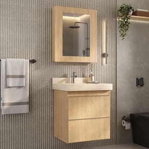 Conjunto Para Banheiro Lavatório Em Porcelanato Com Cuba Esculpida, Gabinete Liso e Espelheira 60cm Wood/Travertino