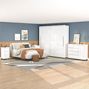 Quarto Casal completo Roupeiro 2 Porta Cômoda 4 Gavetas 1 Porta 2 Mesa Cabeceira 3 Gavetas Politorno Branco
