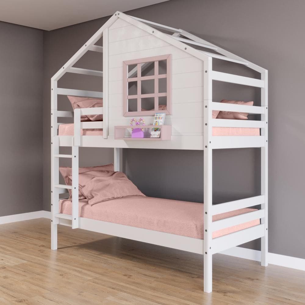 Beliche Casinha Com Janela Madeira Maciça Branco- Rosa Housin