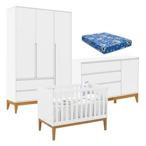 Quarto de Bebê Nature Clean 3 Portas com Berço Unique Branco Soft Eco Wood e Colchão Ortobom – Matic
