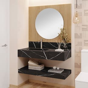 Conjunto Para Banheiro Bancada Em Porcelanato Com Cuba Esculpida, Prateleira e Espelho Ripy 100cm Preto/Wood