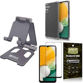 Kit suporte mesa hrebos + capinha antishock samsung galaxy m14 + película vidro armyshield - cinza