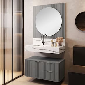 Conjunto Para Banheiro Bancada Em Porcelanato Com Cuba Esculpida, Armário e Espelho Ripy 80cm Cinza