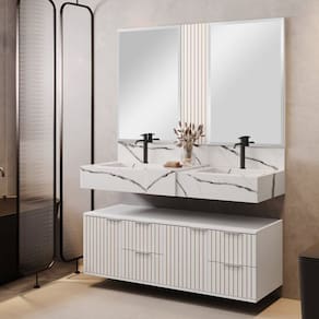 Conjunto Para Banheiro Bancada Em Porcelanato Com Cuba Esculpida, Armário e Espelho Ripy 120cm Branco