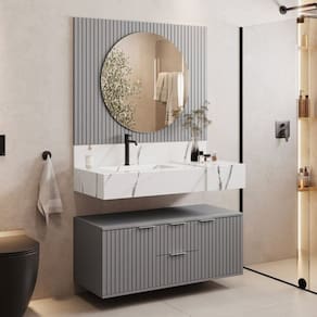 Conjunto Para Banheiro Bancada Em Porcelanato Com Cuba Esculpida, Armário e Espelho Ripy 100cm Cinza