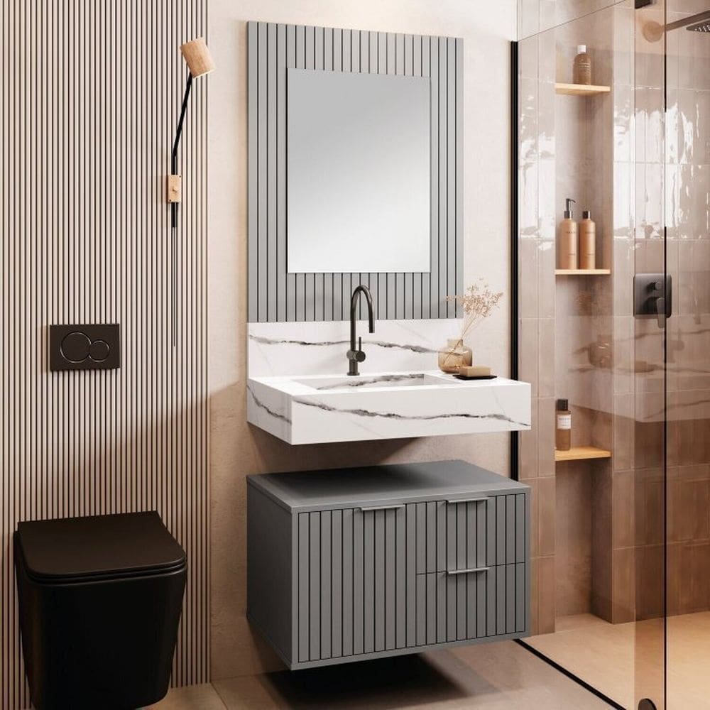 Conjunto Para Banheiro Bancada Em Porcelanato Com Cuba Esculpida, Armário e Espelheira Ripy 60cm Cinza