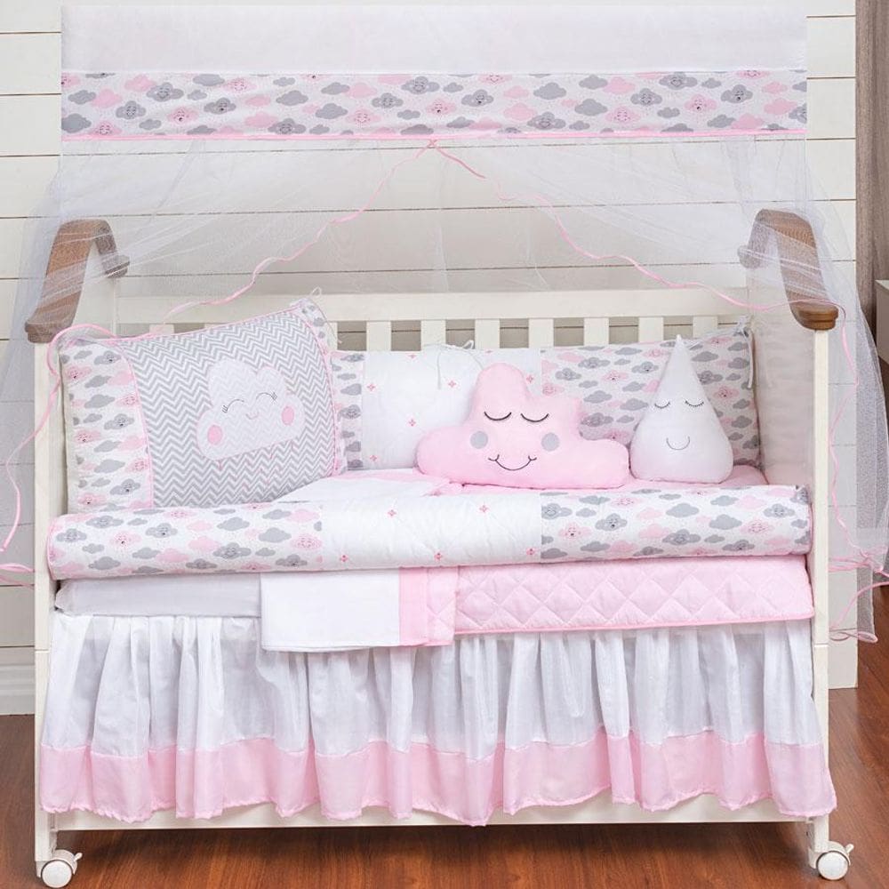 Protetor de berço nuvem rolinho rosa baby 11 peças