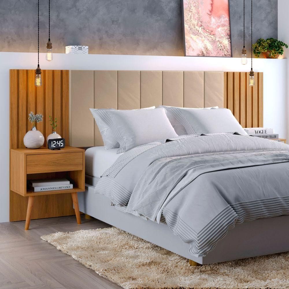 Cabeceira Queen Extensivel Estofada Com Mesa de Cabeceira Zara Shop Jm camaru