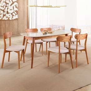 Conjunto Sala de Jantar Mesa 160x80cm Tampo MDF Laqueado com Vidro Laqueado 6 Cadeiras Ceci Yescasa Naturalissimo/Laca Off White/Vd Off White