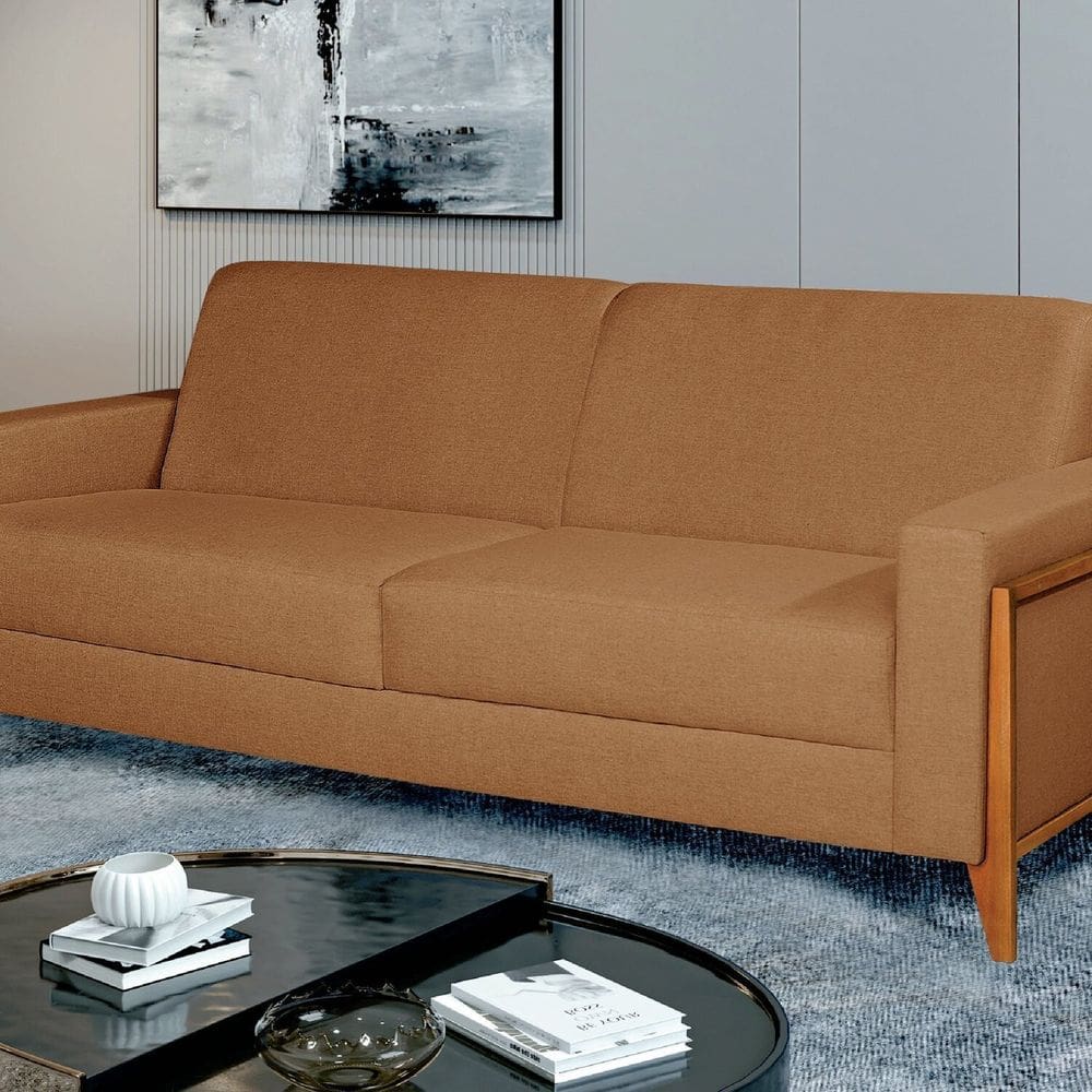 Sofá Living 196cm Veludo com Molas e Pés em Madeira Tokio Cobre Terracota