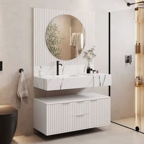 Conjunto Para Banheiro Bancada Em Porcelanato Com Cuba Esculpida, Armário e Espelho Ripy 100cm Branco