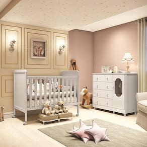 Quarto de Bebê Cômoda 1 Porta com Janela e 4 Gavetas e Berço Mateo Provençal 100% MDF Espresso Móveis Branco Brilho