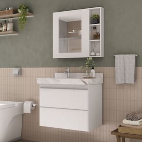 Conjunto Para Banheiro Lavatório Em Porcelanato Com Cuba Esculpida, Gabinete e Espelheira Lisa 80cm Branco