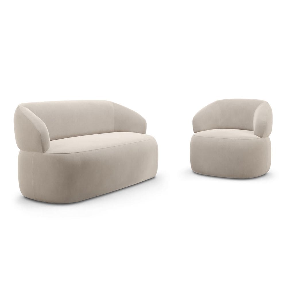 Kit Poltrona Giratória e Sofá Orgânico Living Glee 02 Lugares 140cm Veludo Bege - Desk Design