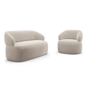 Kit Poltrona Giratória e Sofá Orgânico Living Glee 02 Lugares 140cm Veludo Bege - Desk Design