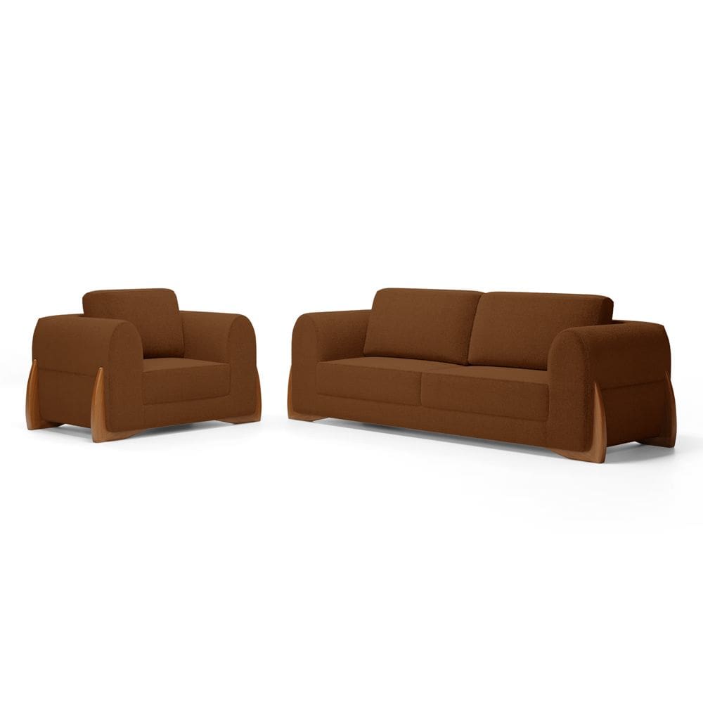 Kit Poltrona e Sofá Bloom 220cm 03 Lugares com Pés de Madeira Bouclê Terracota - Desk Design