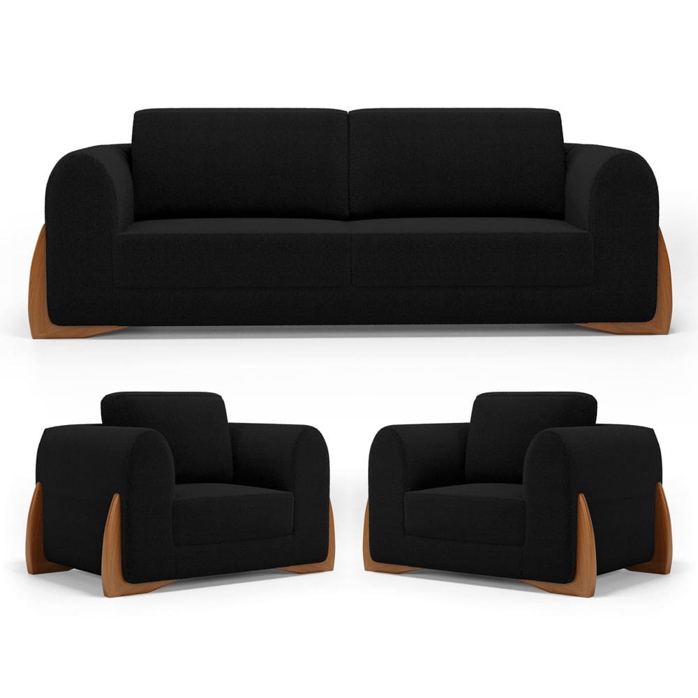 Kit 02 Poltronas e 01 Sofá Bloom 200cm 03 Lugares com Pés de Madeira Bouclê Preto - Desk Design