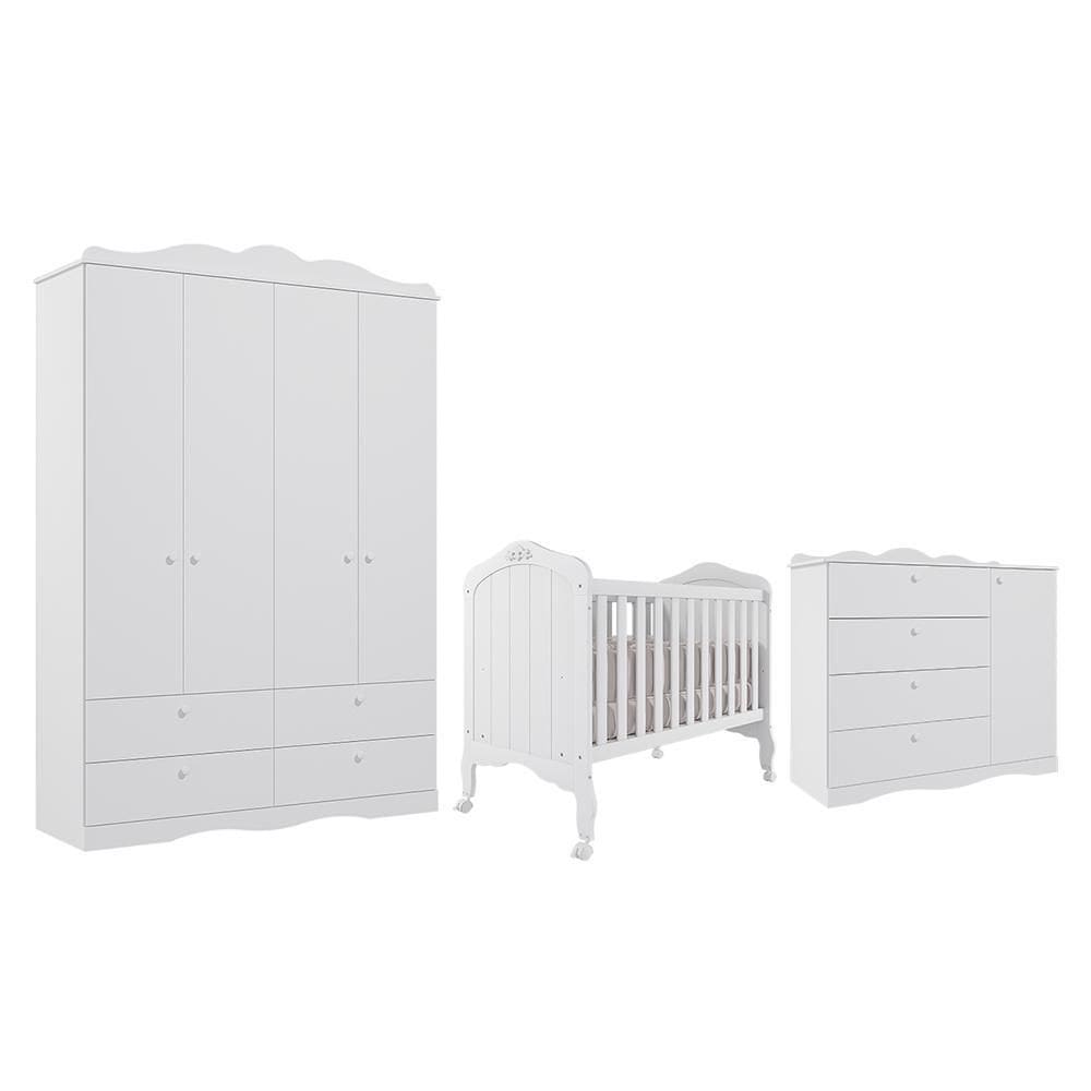Dormitório Completo Infantil Encanto Guarda-Roupa, Cômoda e Berço Harmonia - Permóbili Baby