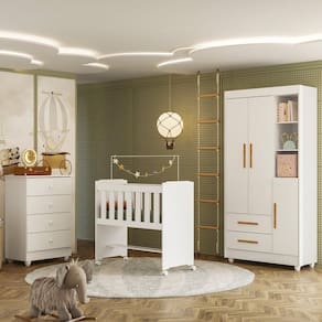 Quarto de Bebê Completo com Cômoda, Mini Berço com Colchão e Guarda Roupas Lila Branco