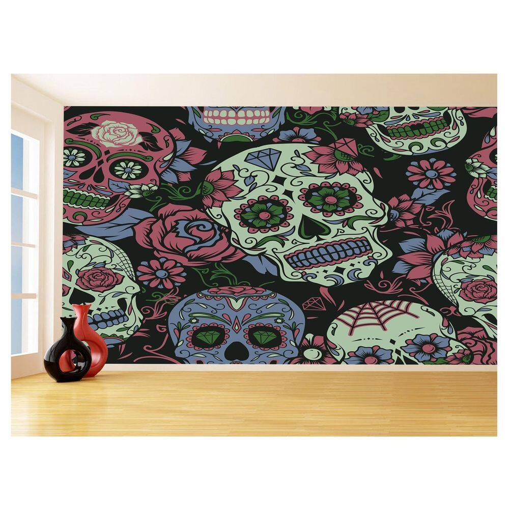 Papel De Parede 3D Arte Caveiras Mexicanas Flor 3,5M Tra73