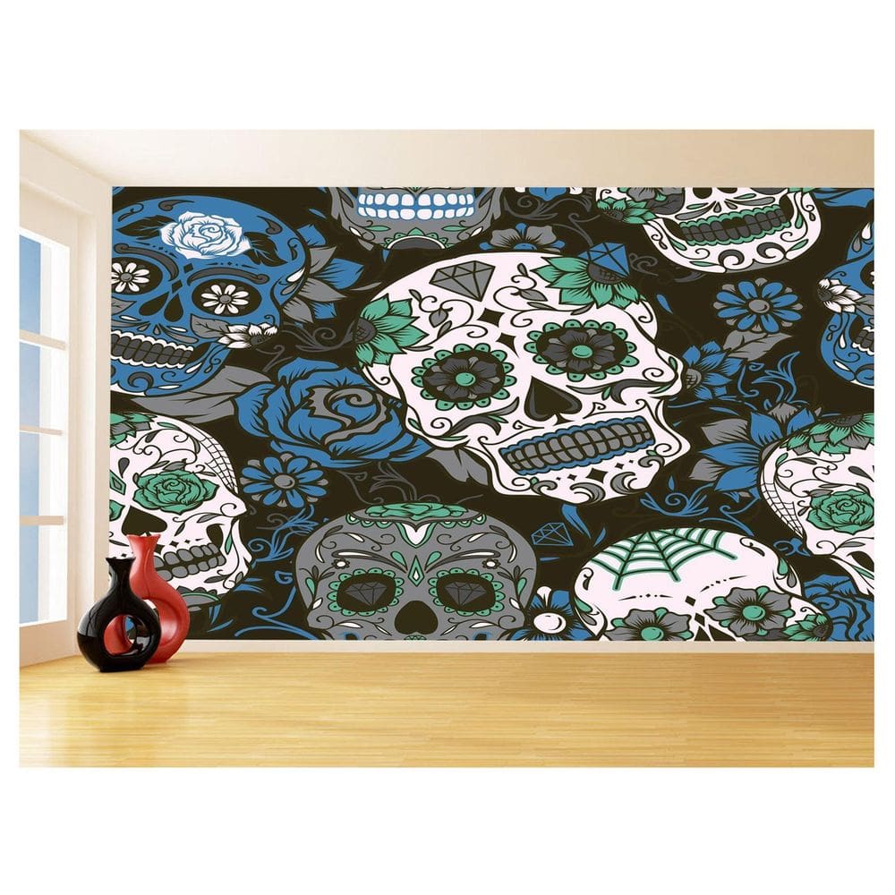 Papel De Parede 3D Arte Caveiras Mexicanas Flor 3,5M Tra140