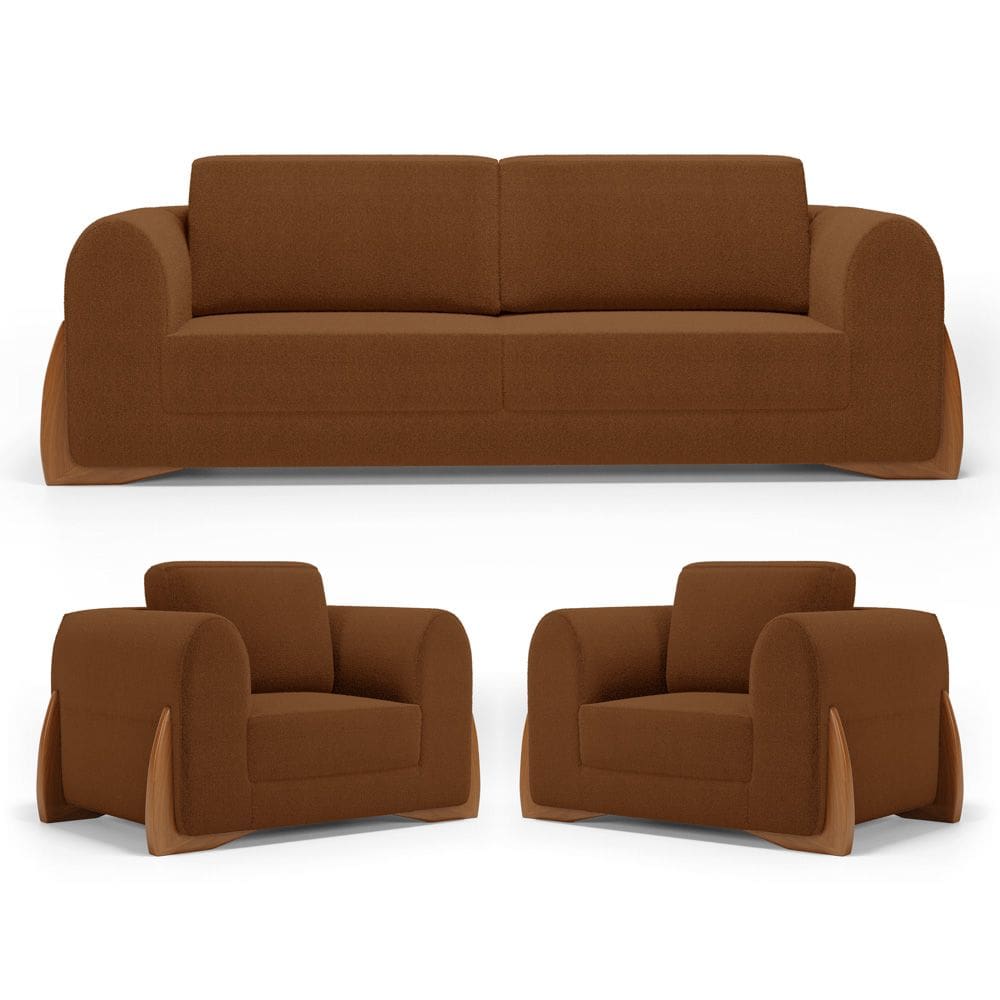 Kit 02 Poltronas e 01 Sofá Bloom 200cm 03 Lugares com Pés de Madeira Bouclê Terracota - Desk Design