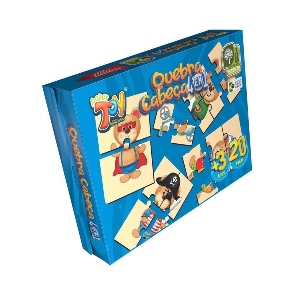 Brinquedo Quebra Cabeça 4 Em 1 Em Mdf 20 Peças Urso Feliz +3
