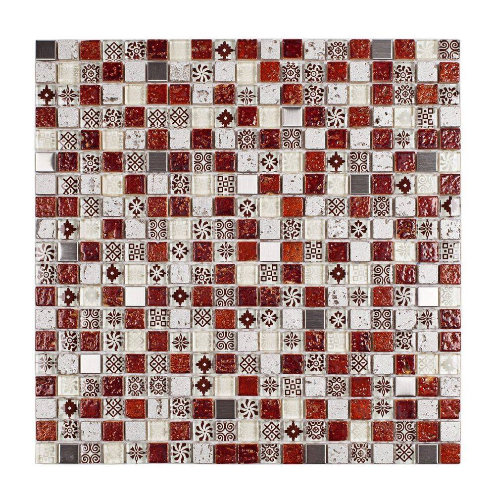 Pastilha Mesclada de Mármore, Vidro e Metal 30cm x 30cm Machu Picchu Glass Mosaic Placas Vermelho/Branco