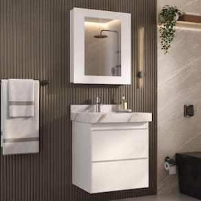 Conjunto Para Banheiro Lavatório Em Porcelanato Com Cuba Esculpida, Gabinete Liso e Espelheira 60cm Branco