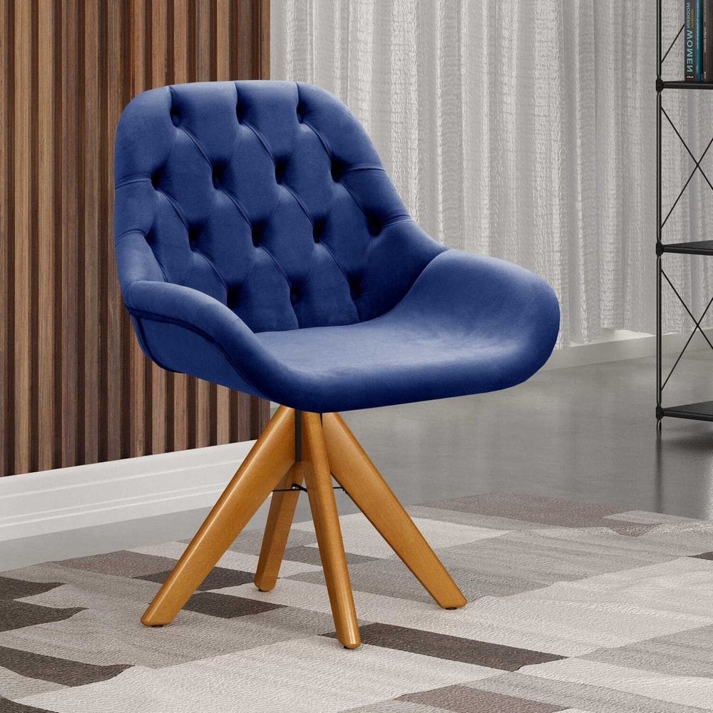 Poltrona Giratória de Madeira Cadeira Decorativa Sala, Escritório, Recepção Lua Azul Marinho