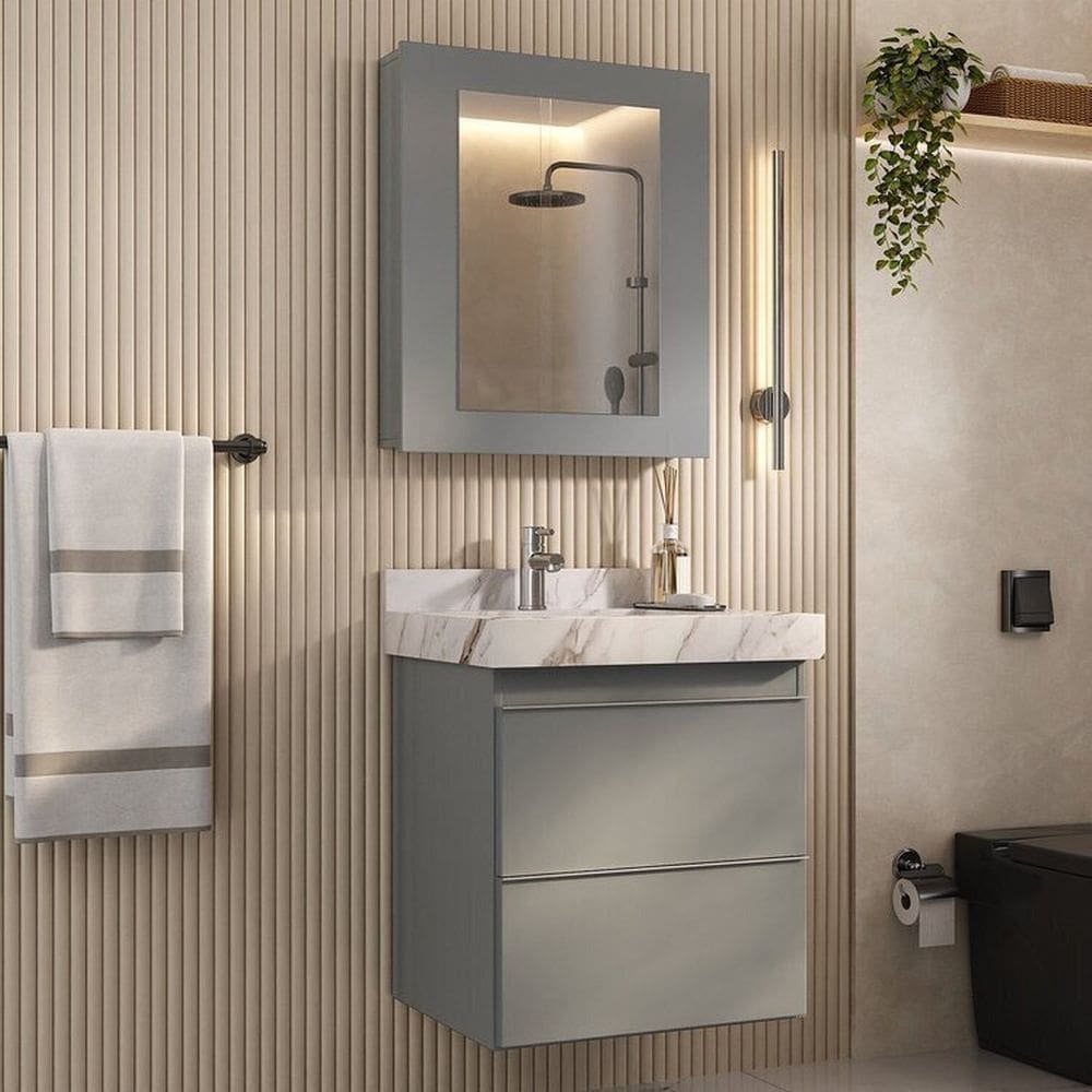 Conjunto Para Banheiro Lavatório Em Porcelanato Com Cuba Esculpida, Gabinete Liso e Espelheira 60cm Cinza