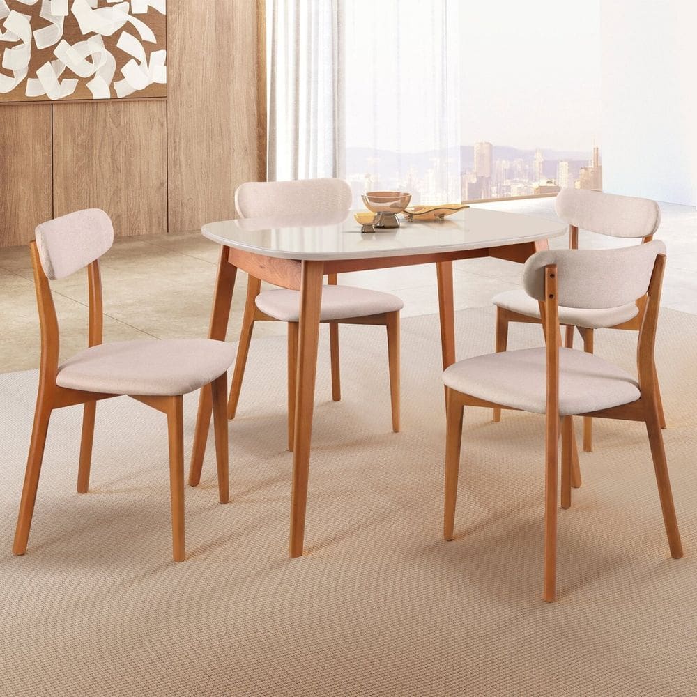 Conjunto Sala de Jantar Mesa 110x80cm Tampo em MDF Laqueado com Vidro Laqueado 4 Cadeiras Ceci Yescasa Naturalissimo/Laca off White