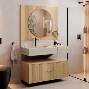 Conjunto Para Banheiro Bancada Em Porcelanato Com Cuba Esculpida, Armário e Espelho Ripy 100cm Wood