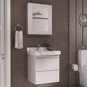 Conjunto Para Banheiro Lavatório Em Porcelanato Com Cuba Esculpida, Gabinete e Espelheira Ripy 60cm Branco
