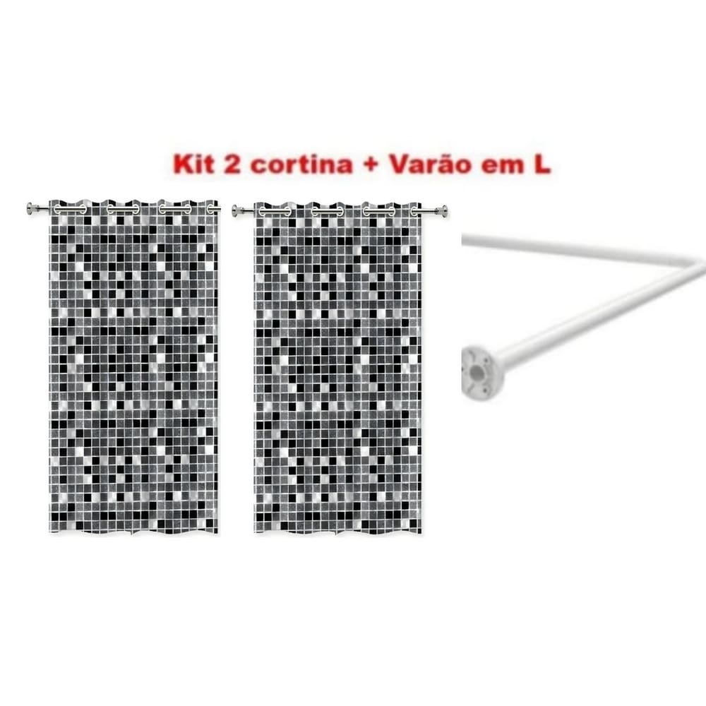 Kit Varao em L Suporte haste Banheiro Box BRANCO 100X100cm + 2 Cortina Pastilha Preta