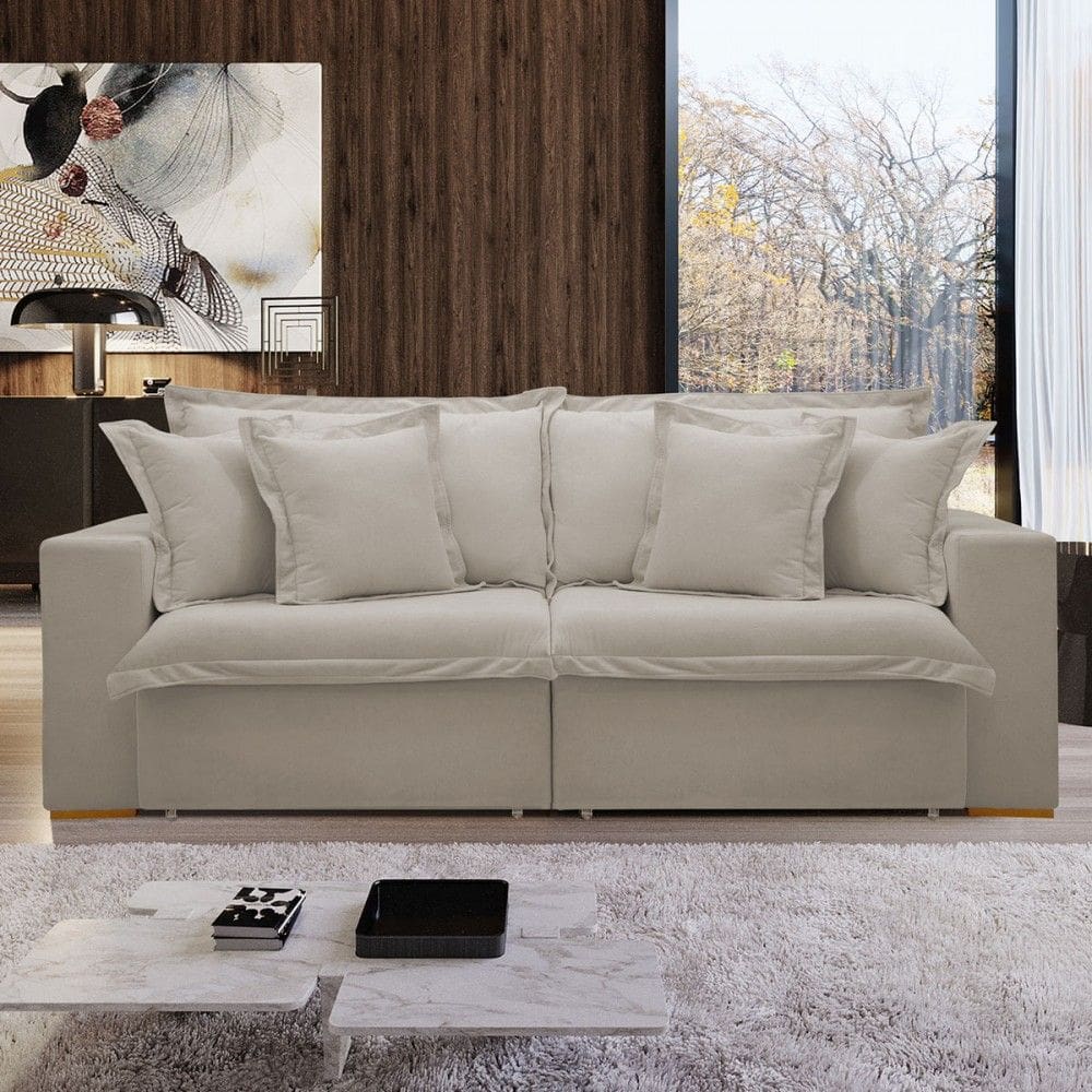 Sofá Cama 3 Lugares Arizona Retrátil Veludo Bege Claro - Celflex