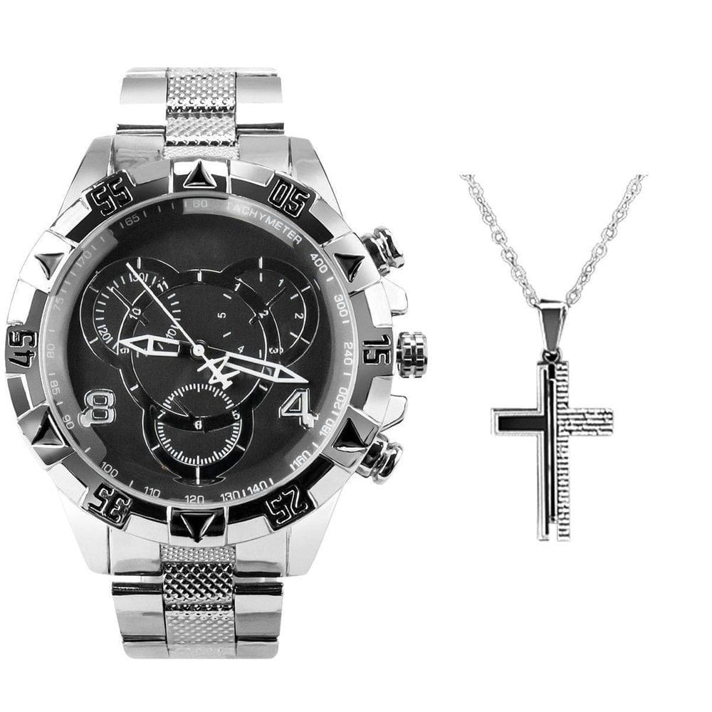 Relogio Prata Prova Aço Inox + Pai Nosso Cordão Cruz
