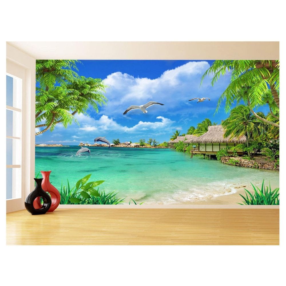 Papel De Parede 3D Praia Mar Coqueiros Céu Azul 3,5M Npr331