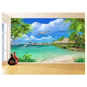 Papel De Parede 3D Praia Mar Coqueiros Céu Azul 3,5M Npr331