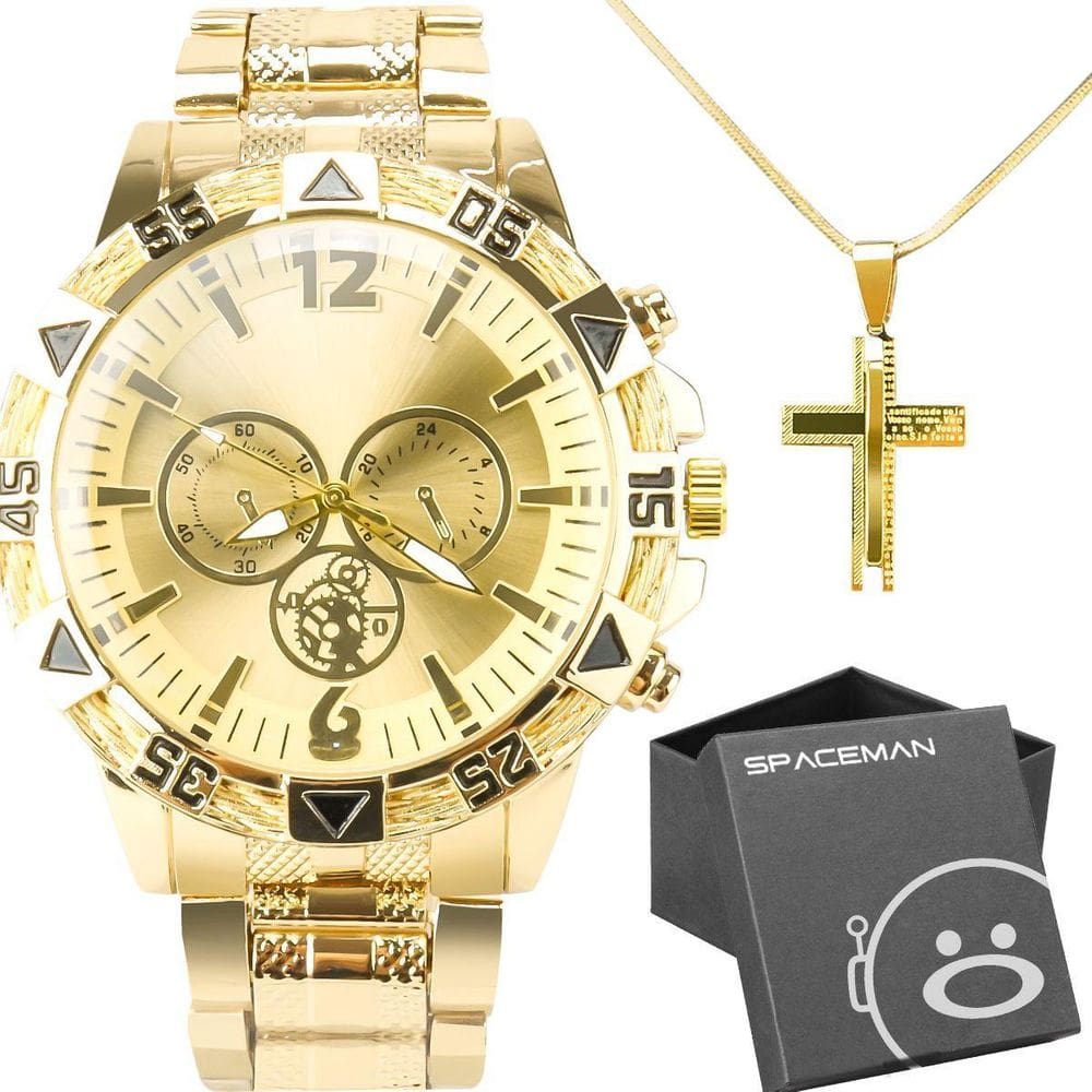 Cordão Crucifixo + Relogio Masculino Aço Prova Dagua